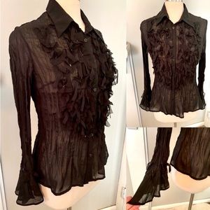 Sheer Black ruffle Blouse Fringe long sleeve Bell cuffs Size M Mob Wife Hot goth